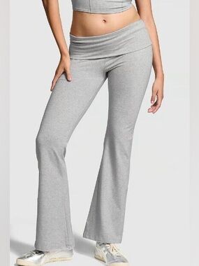 VS Pink Foldover Waist Flare Yoga Pants - Light Gray - Y2K